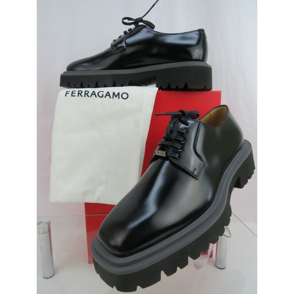 NIB FERRAGAMO FLICKER BLACK LEATHER LOGO PLATFORM LUG SOLE OXFORDS 12 M